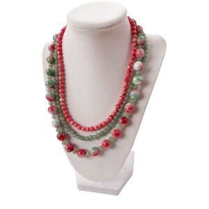 Jade and Coral Three Strand Round Bead Necklace